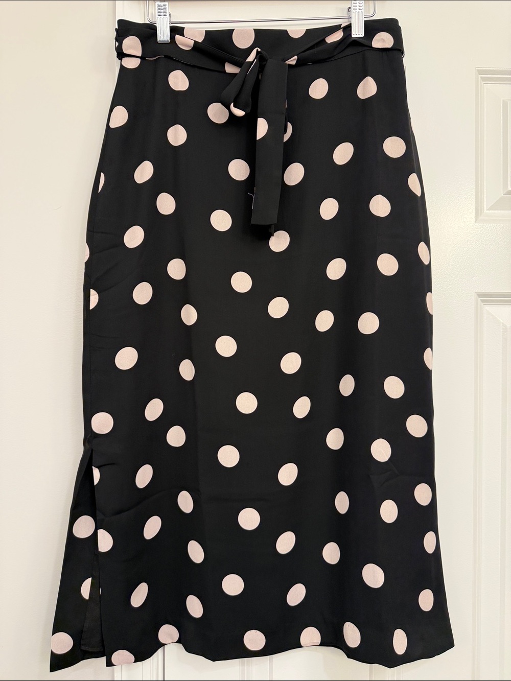 Ann Taylor Black Midi Skirt with Light Pink Polka Dots